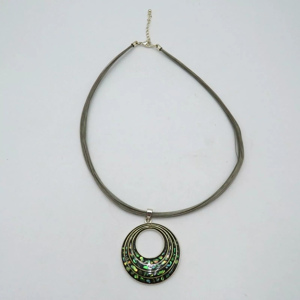 Abalone Shell Inlay Pendant 16" Necklace Multi-Strand Cord Choker Collar